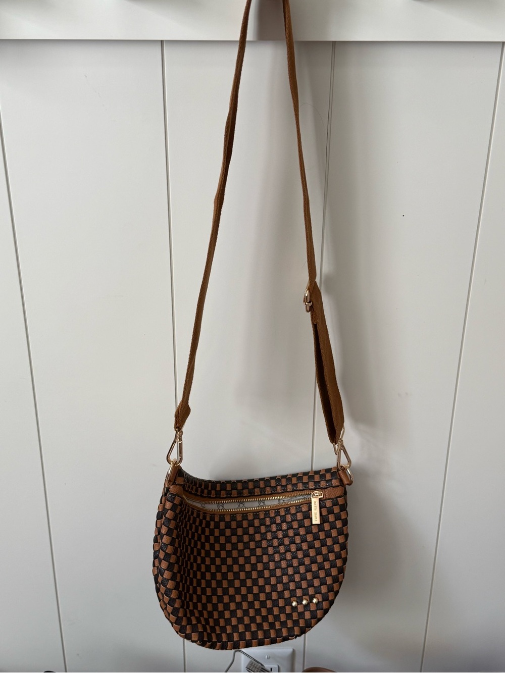 Brown Checkered Crossbody Shoulder Bag with Gold Hardware